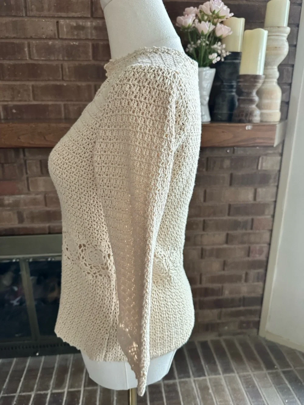 J.Crew Cream Crochet Floral Cutout V-Neck Sweater Top Boho Cottagecore S